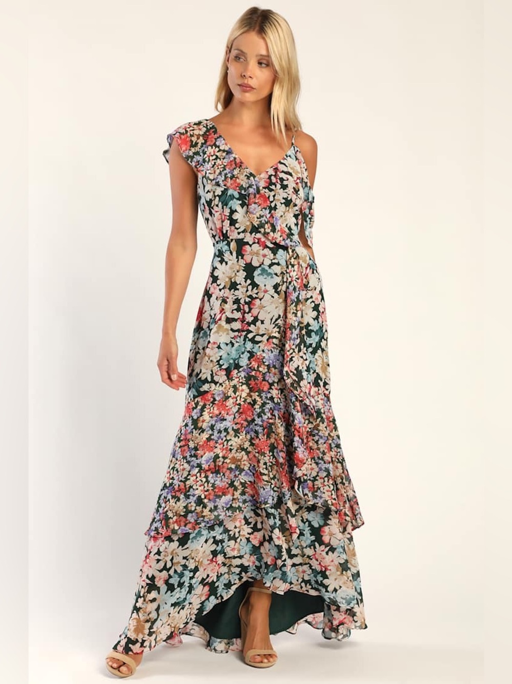 Lulu's Floral One-Shoulder Maxi Dress in Multi-Color